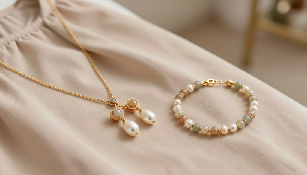 A stylish arrangement of elegant jewelry suited for a beige dress. In the foreground, focus on a delicate gold necklace with intricate details, complementing shimmering pearl earrings that elegantly dangle. A matching bracelet, featuring soft pastel gemstones, rests alongside. In the middle ground, a soft fabric swatch of beige illustrates the dress's texture, enhancing the overall ensemble. The background reveals a softly blurred, neutral-toned setting, suggesting a chic dressing room ambiance. Warm, natural lighting highlights the jewelry's shimmer, creating a sophisticated mood. The angle captures a slight top-down view, showcasing the interplay of colors and textures, emphasizing the elegance of the accessories without distractions or overlays. A stylish arrangement of elegant jewelry suited for a beige dress. In the foreground, focus on a delicate gold necklace with intricate details, complementing shimmering pearl earrings that elegantly dangle. A matching bracelet, featuring soft pastel gemstones, rests alongside. In the middle ground, a soft fabric swatch of beige illustrates the dress's texture, enhancing the overall ensemble. The background reveals a softly blurred, neutral-toned setting, suggesting a chic dressing room ambiance. Warm, natural lighting highlights the jewelry's shimmer, creating a sophisticated mood. The angle captures a slight top-down view, showcasing the interplay of colors and textures, emphasizing the elegance of the accessories without distractions or overlays.