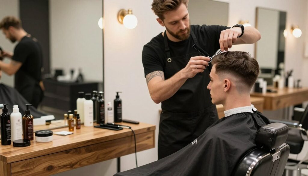 A stylish barber's workspace featuring a sophisticated man with an undercut hairstyle, seated in a modern barber chair. In the foreground, a variety of hair care products, such as pomades, oils, and shampoos, are neatly arranged on a wooden counter. The middle features the barber, dressed in a crisp black apron, performing meticulous hair care techniques, using a comb and scissors to create texture in the man's hair. The background showcases a well-lit, contemporary salon environment with mirrors reflecting warm, ambient light. The overall mood is inviting and professional, emphasizing the importance of proper hair maintenance and stylist selection. The scene captures the essence of grooming and personal care without any distractions. A stylish barber's workspace featuring a sophisticated man with an undercut hairstyle, seated in a modern barber chair. In the foreground, a variety of hair care products, such as pomades, oils, and shampoos, are neatly arranged on a wooden counter. The middle features the barber, dressed in a crisp black apron, performing meticulous hair care techniques, using a comb and scissors to create texture in the man's hair. The background showcases a well-lit, contemporary salon environment with mirrors reflecting warm, ambient light. The overall mood is inviting and professional, emphasizing the importance of proper hair maintenance and stylist selection. The scene captures the essence of grooming and personal care without any distractions.