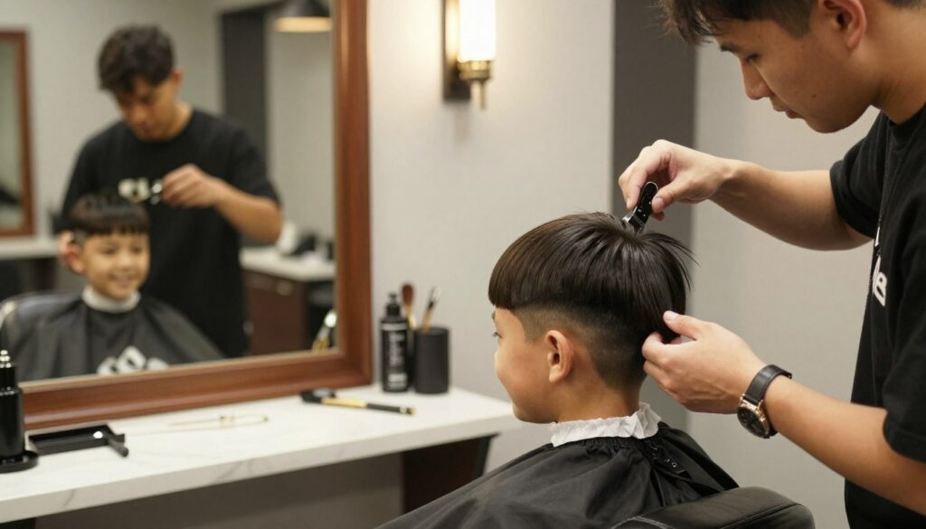 A stylish barbershop interior showcasing a male hairstylist and a young boy with a trendy fringe haircut. The boy's face shows joy as he observes his reflection. The hairstylist expertly demonstrates how to choose an appropriate haircut shape to match the boy's round face and fine, straight hair. The ambiance is warm and inviting, with soft lighting that highlights the stylish, modern decor. Vintage barber tools adorn the countertop, and a large mirror reflects the scene. The image captures a dynamic angle, emphasizing the consultation process and the artistry involved in hair styling. The overall mood is friendly and upbeat, focused on creating a confident look for young boys. A stylish barbershop interior showcasing a male hairstylist and a young boy with a trendy fringe haircut. The boy's face shows joy as he observes his reflection. The hairstylist expertly demonstrates how to choose an appropriate haircut shape to match the boy's round face and fine, straight hair. The ambiance is warm and inviting, with soft lighting that highlights the stylish, modern decor. Vintage barber tools adorn the countertop, and a large mirror reflects the scene. The image captures a dynamic angle, emphasizing the consultation process and the artistry involved in hair styling. The overall mood is friendly and upbeat, focused on creating a confident look for young boys.