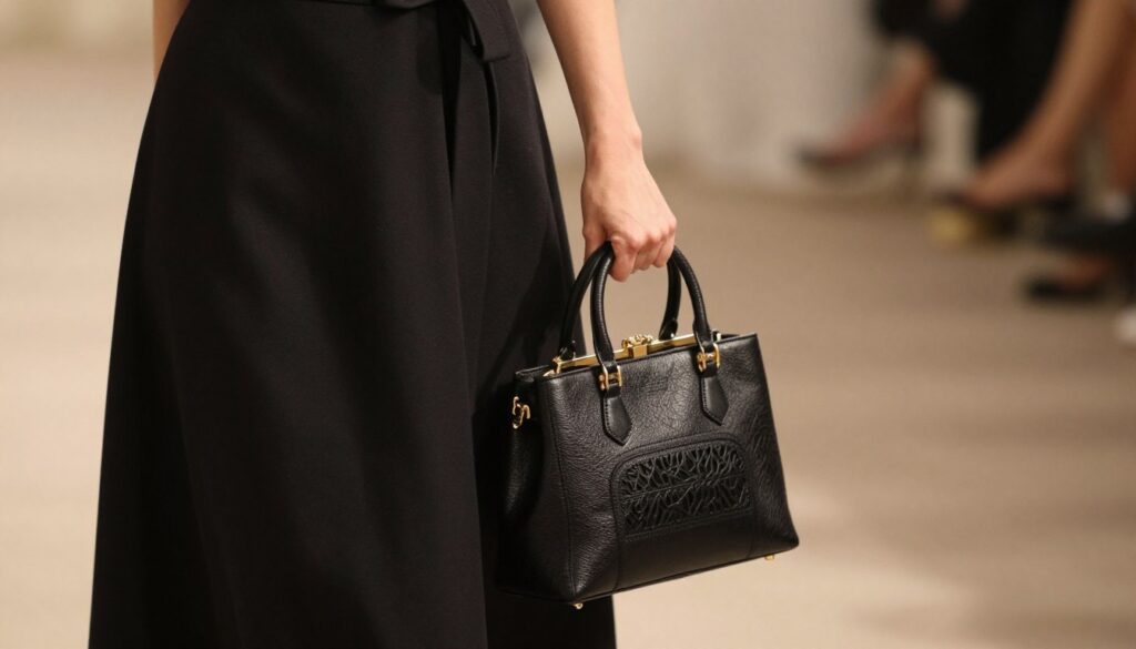 A stylish black dress hangs elegantly in the foreground, complemented by a chic black handbag resting beside it. The handbag features intricate details such as gold accents and a textured finish, emphasizing its elegance. In the middle ground, soft, warm lighting enhances the outfit, creating a sophisticated atmosphere, while delicate shadows add depth. The background remains neutral, subtly blurred to keep the focus on the dress and handbag. The overall mood reflects sophistication and refinement, suitable for a wedding event, with a touch of luxury evident in the choice of accessories. Capture this scene from a slightly elevated angle, invoking a sense of grace and poise, ideal for highlighting the critical role of the handbag in enhancing an elegant look. A stylish black dress hangs elegantly in the foreground, complemented by a chic black handbag resting beside it. The handbag features intricate details such as gold accents and a textured finish, emphasizing its elegance. In the middle ground, soft, warm lighting enhances the outfit, creating a sophisticated atmosphere, while delicate shadows add depth. The background remains neutral, subtly blurred to keep the focus on the dress and handbag. The overall mood reflects sophistication and refinement, suitable for a wedding event, with a touch of luxury evident in the choice of accessories. Capture this scene from a slightly elevated angle, invoking a sense of grace and poise, ideal for highlighting the critical role of the handbag in enhancing an elegant look.