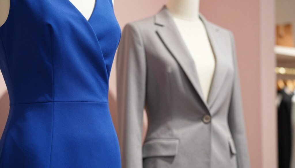 A stylish cobalt blue dress elegantly drapes over a mannequin, showcasing its rich fabric and vibrant hue. The foreground features a close-up of the fabric's texture, emphasizing its luxurious quality. In the middle ground, a tailored blazer in a soft grey complements the dress, adding layers to the composition. The background is a softly blurred boutique setting with pastel-colored walls, enhancing the elegance of the scene. The lighting is warm and inviting, casting gentle shadows that highlight the details of the clothing. The overall mood is sophisticated and chic, reflecting a modern fashion aesthetic. The image should be devoid of any text or logos.