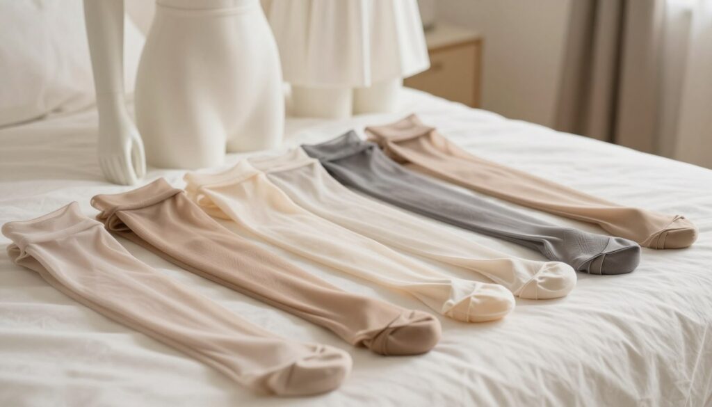 A stylish display of various types of tights laid out on a soft, elegant fabric background, focusing on different thicknesses and textures. In the foreground, a selection of opaque, semi-opaque, and sheer tights in a palette that complements a classic white dress. Highlight the unique characteristics of each pair, showcasing their color nuances and subtle patterns. The middle ground features a softly blurred silhouette of a white dress mannequin, enhancing the relevance of the tights to the outfit. The background is softly lit, suggesting a warm, inviting atmosphere, with gentle shadows to create depth. Use natural, diffused lighting to emphasize the textures of the tights, captured from a slightly angled top-down perspective for an elegant look. A stylish display of various types of tights laid out on a soft, elegant fabric background, focusing on different thicknesses and textures. In the foreground, a selection of opaque, semi-opaque, and sheer tights in a palette that complements a classic white dress. Highlight the unique characteristics of each pair, showcasing their color nuances and subtle patterns. The middle ground features a softly blurred silhouette of a white dress mannequin, enhancing the relevance of the tights to the outfit. The background is softly lit, suggesting a warm, inviting atmosphere, with gentle shadows to create depth. Use natural, diffused lighting to emphasize the textures of the tights, captured from a slightly angled top-down perspective for an elegant look.