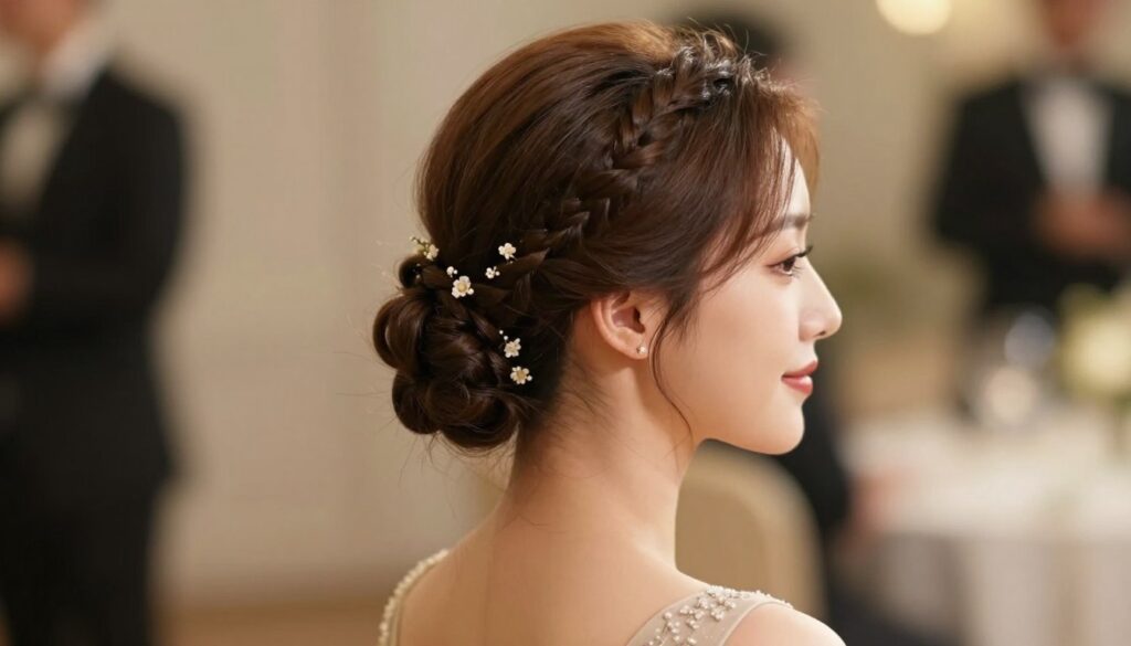 A stylish, elegant bun hairstyle adorned with a delicate braid, positioned at the back of a woman's head. The focus is on the intricate details of the braid interwoven with subtle floral accents, suggesting sophistication. The woman is dressed in a modest, chic evening gown, reflecting a graceful and professional appearance. Soft, diffused lighting illuminates her face, casting a warm glow that enhances the elegance of the hairstyle. The background features a blurred, upscale event setting with soft bokeh effects to create an atmosphere of refinement and celebration. The camera angle is slightly elevated, capturing the beauty of the hairstyle while emphasizing the gracefulness of the entire ensemble. A stylish, elegant bun hairstyle adorned with a delicate braid, positioned at the back of a woman's head. The focus is on the intricate details of the braid interwoven with subtle floral accents, suggesting sophistication. The woman is dressed in a modest, chic evening gown, reflecting a graceful and professional appearance. Soft, diffused lighting illuminates her face, casting a warm glow that enhances the elegance of the hairstyle. The background features a blurred, upscale event setting with soft bokeh effects to create an atmosphere of refinement and celebration. The camera angle is slightly elevated, capturing the beauty of the hairstyle while emphasizing the gracefulness of the entire ensemble.