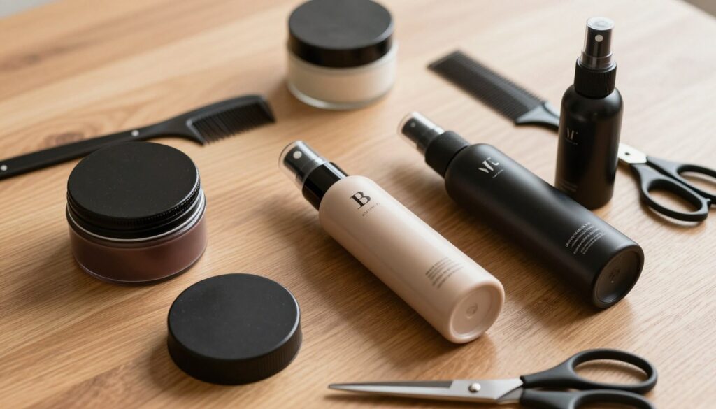 A stylish flat lay arrangement of various hair styling products specifically for achieving a side part hairstyle. The composition includes high-quality pomades, gels, and sprays with sleek, modern packaging displayed on a textured wooden surface. In the background, soft-focus tools like a comb and scissors add a professional touch. Warm, diffused lighting casts gentle shadows, creating an inviting atmosphere. The angle showcases the products prominently while maintaining a clean and organized aesthetic. The mood is sophisticated yet accessible, appealing to both classic and contemporary styles. The scene should be polished and devoid of clutter, inviting readers to explore these essential styling tools.