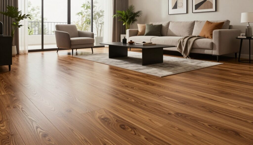 A stylish interior space showcasing various vinyl floor panel designs in a modern living room. In the foreground, there's a pristine vinyl floor with intricate wood-like textures and patterns, glistening under soft, natural light filtering through large windows. The middle section features a cozy arrangement of contemporary furniture, including a chic sofa and a sleek coffee table, enhancing the idea of a comfortable yet elegant living area. In the background, decorative elements like potted plants and framed artwork add warmth. The overall atmosphere evokes sophistication and practicality, highlighting durability and aesthetic appeal. Use a wide-angle lens to capture the entire scene, with balanced lighting to bring out the rich colors and details of the vinyl panels. A stylish interior space showcasing various vinyl floor panel designs in a modern living room. In the foreground, there's a pristine vinyl floor with intricate wood-like textures and patterns, glistening under soft, natural light filtering through large windows. The middle section features a cozy arrangement of contemporary furniture, including a chic sofa and a sleek coffee table, enhancing the idea of a comfortable yet elegant living area. In the background, decorative elements like potted plants and framed artwork add warmth. The overall atmosphere evokes sophistication and practicality, highlighting durability and aesthetic appeal. Use a wide-angle lens to capture the entire scene, with balanced lighting to bring out the rich colors and details of the vinyl panels.