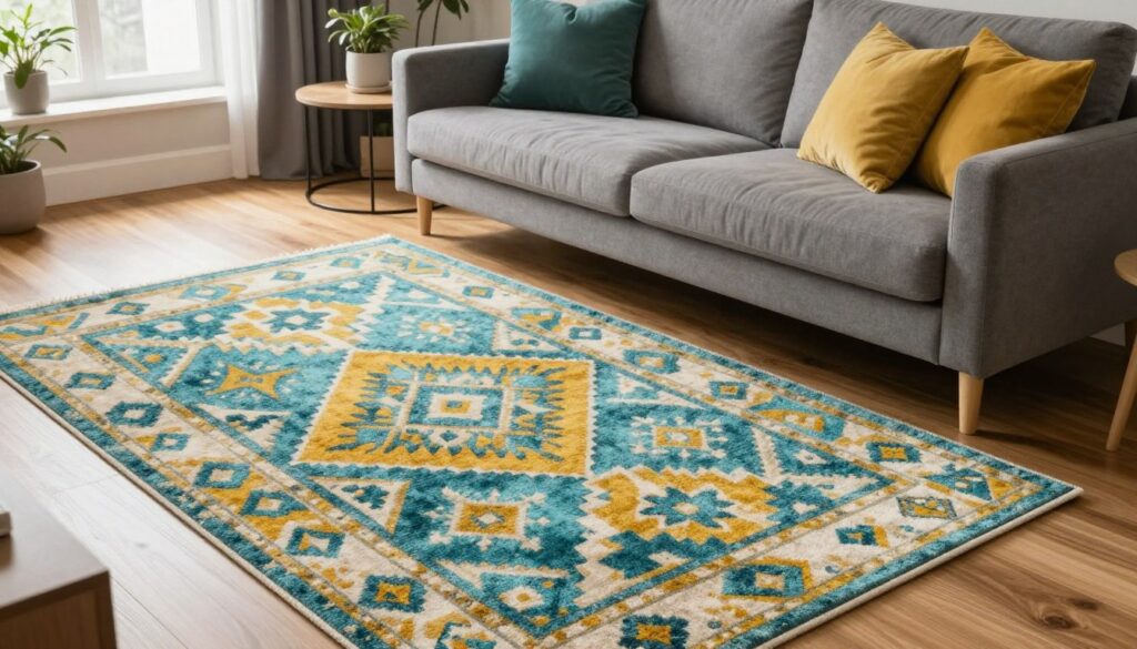 A stylish living room featuring a gray sofa, complemented by a beautifully patterned area rug. The rug displays a harmonious blend of vibrant colors, such as teal, mustard yellow, and soft whites, creating a lively contrast against the muted gray couch. In the foreground, the rug invites the viewer’s eye with intricate geometric designs that add texture and depth. The middle ground showcases the gray sofa adorned with plush pillows in coordinating colors, creating a cozy yet modern atmosphere. The background reveals warm wooden floors with a tastefully arranged coffee table and decorative plants, bathed in soft, natural light from a nearby window. The scene evokes a welcoming, sophisticated mood, ideal for contemporary home decor.