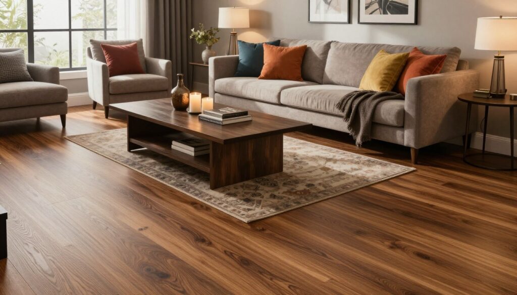 A stylish living room interior featuring durable and aesthetically pleasing flooring options that reflect modern design principles. In the foreground, a beautifully arranged coffee table with decorative elements, such as candles and books, sits on a richly textured wooden or laminate floor. The middle section showcases cozy seating, including a plush sofa adorned with colorful cushions, and a patterned area rug. The background displays elegant wall art and a large window allowing natural light to flow in, casting soft shadows and creating a warm ambiance. The color palette is inviting, with earthy tones complemented by vibrant accents. Use warm lighting to enhance the cozy atmosphere, captured from a slight elevated angle to showcase the entire space harmoniously.