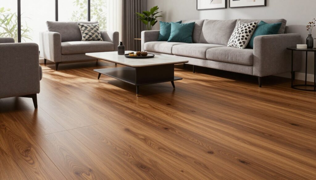 A stylish living room showcasing modern, durable vinyl flooring. In the foreground, a beautifully arranged seating area with a sleek coffee table, plush sofa, and decorative cushions, blending contemporary colors like gray and teal. The middle ground features the elegant vinyl planks, highlighting their wood-like texture and rich, warm tones. Sunlight streams in through large windows, casting soft shadows and creating a bright, inviting atmosphere. To the back, minimalistic decor with potted plants and wall art complements the sophisticated design. The overall mood exudes comfort and modernity, ideal for a welcoming living space. Capture this scene with a wide-angle perspective, emphasizing the texture and details of the vinyl flooring.