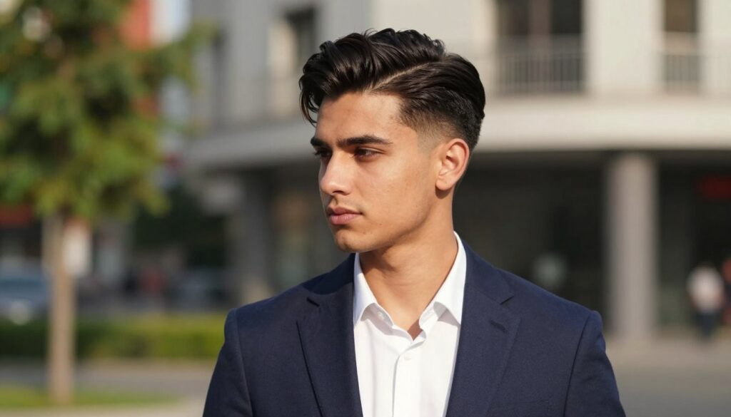 A stylish male model features a classic "fryzura pazia" hairstyle, showcasing the clean lines and tapered sides akin to a modern twist on a traditional cut. The model stands confidently against a softly blurred urban backdrop, which includes hints of greenery and contemporary architecture, suggesting a vibrant yet relaxed atmosphere. The lighting is warm and natural, casting gentle shadows that accentuate the hairstyle's volume and texture. The model is dressed in a smart casual outfit, including a fitted blazer and a crisp white shirt, projecting a confident and approachable vibe. The image is shot from a slight angle to emphasize the haircut, inviting viewers to appreciate both the hairstyle and the overall aesthetic of modern male grooming. A stylish male model features a classic "fryzura pazia" hairstyle, showcasing the clean lines and tapered sides akin to a modern twist on a traditional cut. The model stands confidently against a softly blurred urban backdrop, which includes hints of greenery and contemporary architecture, suggesting a vibrant yet relaxed atmosphere. The lighting is warm and natural, casting gentle shadows that accentuate the hairstyle's volume and texture. The model is dressed in a smart casual outfit, including a fitted blazer and a crisp white shirt, projecting a confident and approachable vibe. The image is shot from a slight angle to emphasize the haircut, inviting viewers to appreciate both the hairstyle and the overall aesthetic of modern male grooming.