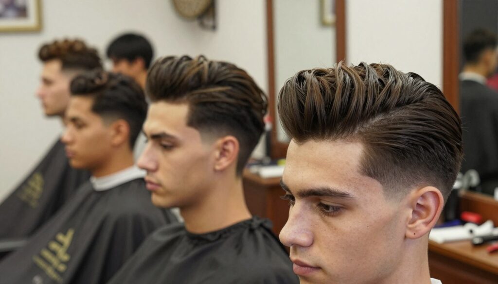A stylish male model showcasing the different variations of the pompadour hairstyle, presented in an elegant barbershop setting. In the foreground, feature a close-up of the model's face with a well-groomed pompadour, emphasizing volume and flair, with hair styled away from the forehead. In the middle ground, show additional models with diverse pompadour styles—some with classic looks, while others have modern twists and textures. The background should include soft-focused elements of the barbershop, such as vintage mirrors and tools, creating an inviting atmosphere. Use warm, natural lighting to highlight the hair textures and maintain a professional vibe. The angle should capture the essence of each hairstyle without overcrowding the image, ensuring a clean, polished look.