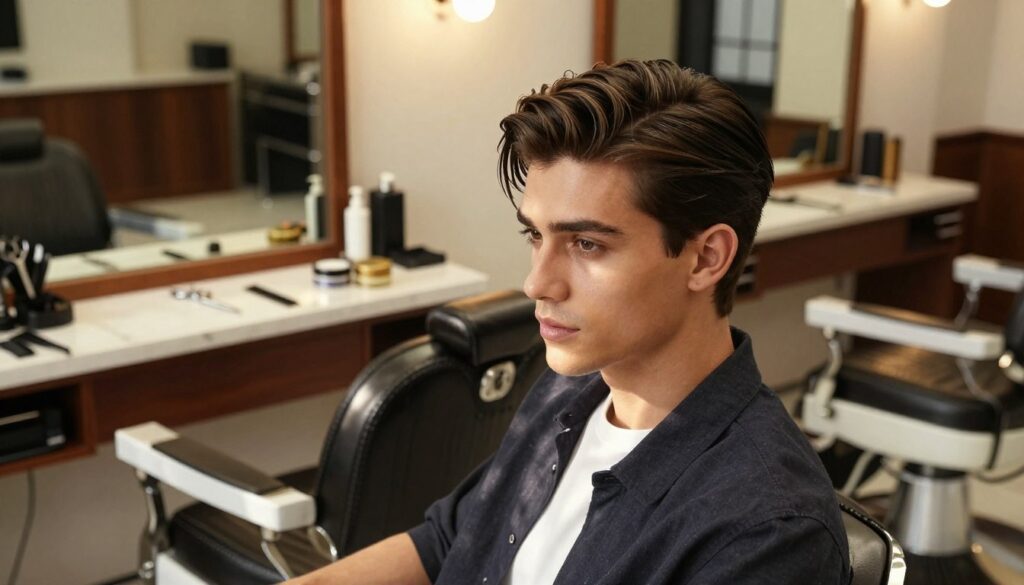 A stylish male model with a neat "pazia" hairstyle stands in a well-lit, modern barbershop. The foreground features the model's confident expression and meticulously styled hair, showcasing layers and texture. In the middle, a vintage barber's chair and grooming tools like scissors, pomade, and a comb are elegantly arranged to suggest professional hair care. The background includes a large mirror reflecting the warm, ambient lighting, creating a cozy but refined atmosphere. Soft sunlight streams through a window, casting gentle shadows, enhancing the mood of sophistication and professionalism. The model is dressed in a smart casual outfit, aiming for a contemporary look that aligns with current fashion trends in men's grooming. A stylish male model with a neat "pazia" hairstyle stands in a well-lit, modern barbershop. The foreground features the model's confident expression and meticulously styled hair, showcasing layers and texture. In the middle, a vintage barber's chair and grooming tools like scissors, pomade, and a comb are elegantly arranged to suggest professional hair care. The background includes a large mirror reflecting the warm, ambient lighting, creating a cozy but refined atmosphere. Soft sunlight streams through a window, casting gentle shadows, enhancing the mood of sophistication and professionalism. The model is dressed in a smart casual outfit, aiming for a contemporary look that aligns with current fashion trends in men's grooming.