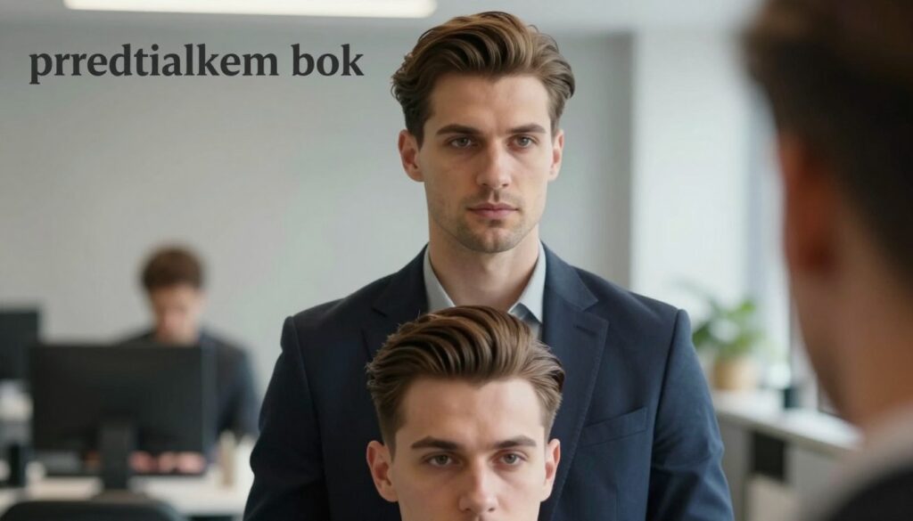 A stylish man showcases a "przedziałkiem bok" haircut, standing confidently in a professional setting. In the foreground, focus on his well-groomed hairstyle, emphasizing the sharp side part and sleek appearance. The middle layer includes the man dressed in smart, casual attire, perhaps a fitted blazer over a simple shirt, to convey modern elegance. In the background, blur the office environment, subtly suggesting a sophisticated workplace with soft, natural lighting that highlights the subject. Use a shallow depth of field to draw attention to the hairstyle and facial features, creating an intimate yet professional atmosphere. The overall mood should be contemporary and confident, ideal for illustrating the relationship between hairstyle and face shape.