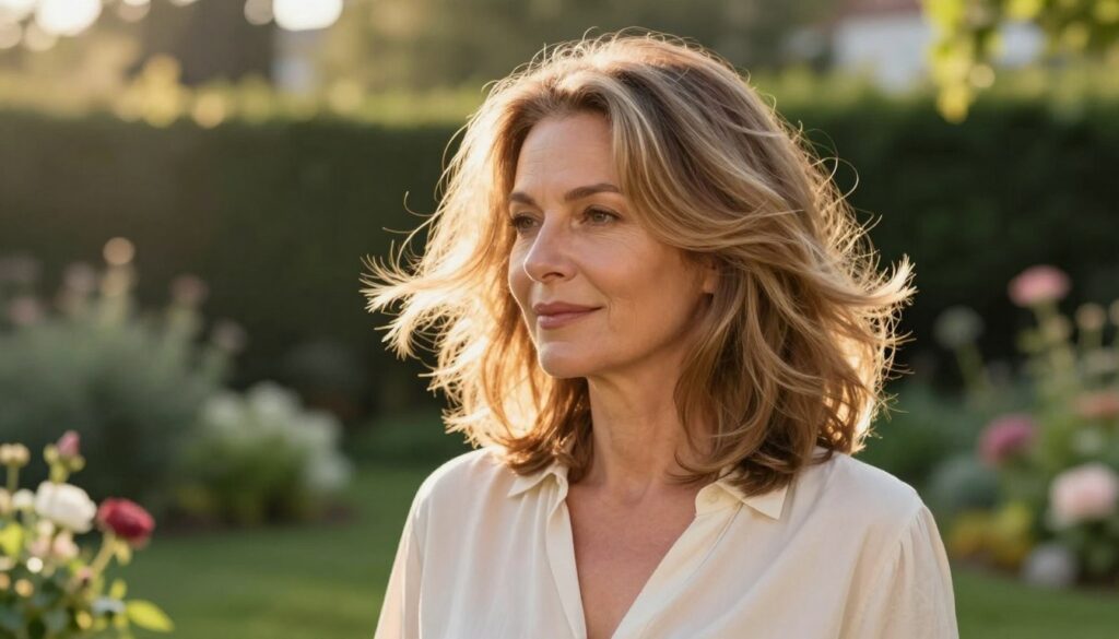 A stylish middle-aged woman with expertly layered hair showcases a modern "cieniowanie" haircut that adds volume and movement. She stands outdoors in soft, golden hour lighting, the sun's rays casting a warm glow that highlights the varying shades and textures of her hair. The focus is on her hair, which flows gracefully, emphasizing the soft gradation of colors. In the background, a serene garden setting features lush greenery and soft floral elements, hinting at rejuvenation and vitality. The woman's attire is a chic, modest blouse that complements her hairstyle, enhancing the overall uplifting atmosphere. The angle captures the elegance of her hairstyle while maintaining a natural, candid feel, celebrating confidence and timeless beauty. The mood is bright, inviting, and fresh. A stylish middle-aged woman with expertly layered hair showcases a modern "cieniowanie" haircut that adds volume and movement. She stands outdoors in soft, golden hour lighting, the sun's rays casting a warm glow that highlights the varying shades and textures of her hair. The focus is on her hair, which flows gracefully, emphasizing the soft gradation of colors. In the background, a serene garden setting features lush greenery and soft floral elements, hinting at rejuvenation and vitality. The woman's attire is a chic, modest blouse that complements her hairstyle, enhancing the overall uplifting atmosphere. The angle captures the elegance of her hairstyle while maintaining a natural, candid feel, celebrating confidence and timeless beauty. The mood is bright, inviting, and fresh.