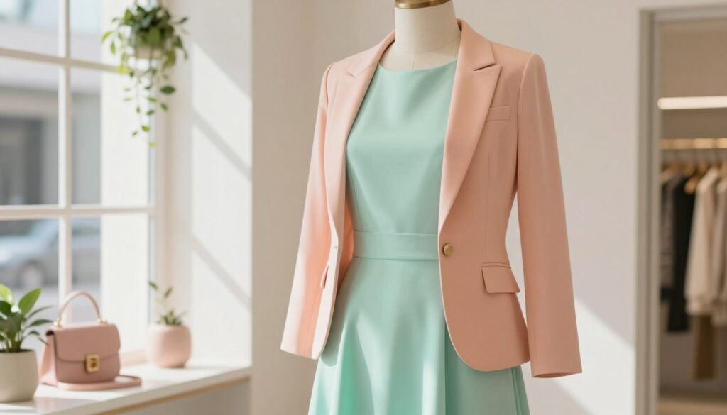 A stylish mint green dress, elegantly displayed on a mannequin. The dress features a fitted waist and a flared skirt, giving it a graceful silhouette. Accompanying the dress is a chic blazer in a complementary soft peach color, tailored with clean lines and a modern cut, showcasing its versatility. The scene is set in a bright, airy boutique with soft natural lighting filtering through large windows, casting gentle shadows. The background includes subtle decorative elements like pastel-colored accessories and hanging plants that enhance the stylish atmosphere. The focus is on the harmony of colors and textures, conveying a sophisticated yet approachable mood. The camera angle is slightly elevated, capturing the outfit details without distractions or clutter in the frame. A stylish mint green dress, elegantly displayed on a mannequin. The dress features a fitted waist and a flared skirt, giving it a graceful silhouette. Accompanying the dress is a chic blazer in a complementary soft peach color, tailored with clean lines and a modern cut, showcasing its versatility. The scene is set in a bright, airy boutique with soft natural lighting filtering through large windows, casting gentle shadows. The background includes subtle decorative elements like pastel-colored accessories and hanging plants that enhance the stylish atmosphere. The focus is on the harmony of colors and textures, conveying a sophisticated yet approachable mood. The camera angle is slightly elevated, capturing the outfit details without distractions or clutter in the frame.