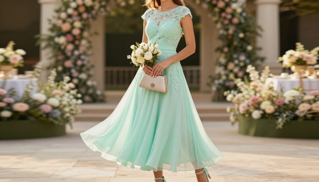 A stylish model wearing a lovely mint green dress suitable for wedding and formal occasions. The dress features elegant lace details and a flowing skirt that catches the light beautifully. In the foreground, the model poses gracefully, with a delicate floral bouquet in her hands. The middle ground includes tasteful accessories like a chic clutch and matching heels. The setting is an outdoor venue with a soft-focus background of an elegant garden, adorned with pastel-colored blooms. The scene is illuminated by warm, golden hour lighting, creating a romantic and sophisticated atmosphere. The composition captures the essence of a refined and modern style perfect for celebrations. A stylish model wearing a lovely mint green dress suitable for wedding and formal occasions. The dress features elegant lace details and a flowing skirt that catches the light beautifully. In the foreground, the model poses gracefully, with a delicate floral bouquet in her hands. The middle ground includes tasteful accessories like a chic clutch and matching heels. The setting is an outdoor venue with a soft-focus background of an elegant garden, adorned with pastel-colored blooms. The scene is illuminated by warm, golden hour lighting, creating a romantic and sophisticated atmosphere. The composition captures the essence of a refined and modern style perfect for celebrations.