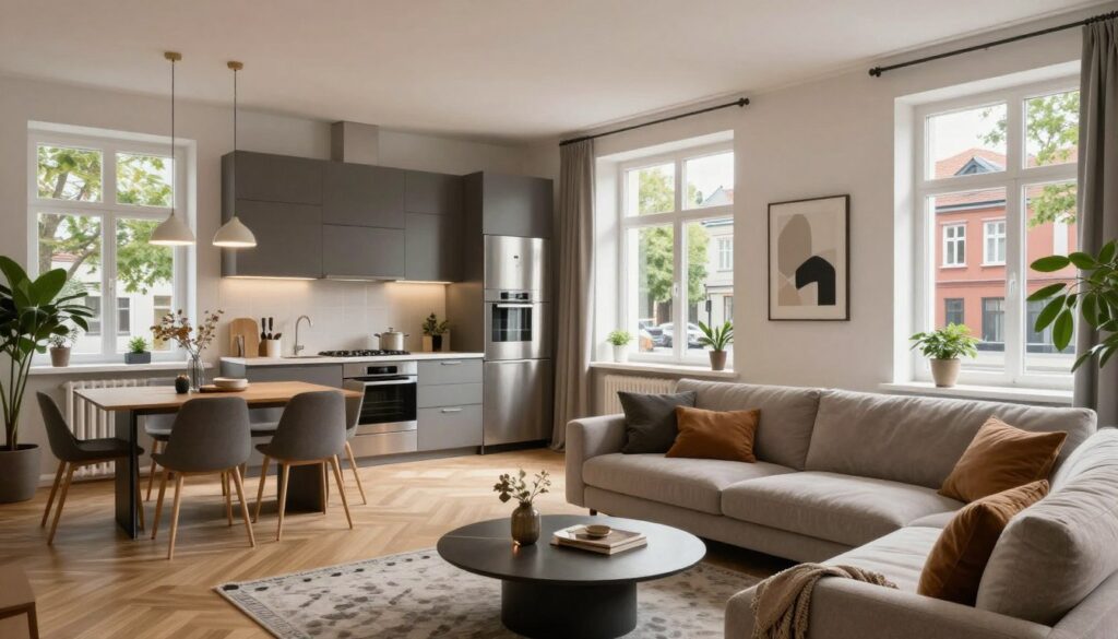 A stylish, modern apartment interior in Żoliborz, featuring sleek Scandinavian design elements. In the foreground, a cozy living room with a plush sofa, a stylish coffee table, and decorative plants. The middle ground includes a contemporary kitchen with stainless steel appliances, a dining area with elegant lighting, and large windows that flood the space with natural light. The background showcases a view of Żoliborz’s tree-lined streets, hinting at a vibrant urban environment. The atmosphere is warm and inviting, with soft lighting that adds a touch of sophistication. The scene captures the essence of a young artist's home, blending style and comfort seamlessly.