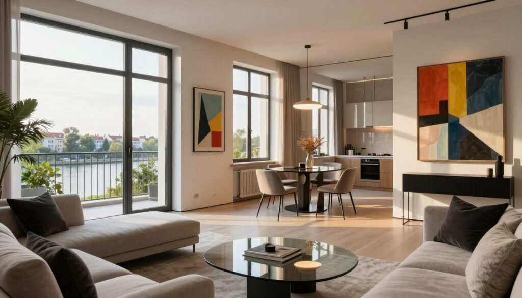 A stylish modern apartment interior inspired by Kuba Wojewódzki's residence in Warsaw's Powiśle district. The foreground features a sleek, contemporary living area with plush furniture in neutral tones, accented by bold artworks on the walls. A spacious balcony with panoramic views overlooks the Vistula River, dotted with greenery. In the middle ground, a minimalist dining area showcases a glass table and designer chairs, with warm lighting creating an inviting atmosphere. The background reveals tall windows allowing natural light to flood the space, creating reflections and soft shadows. The scene conveys a luxurious yet cozy ambiance, perfect for a high-profile urban lifestyle. The perspective is from a slight angle, emphasizing depth and inviting the viewer into the elegant home.