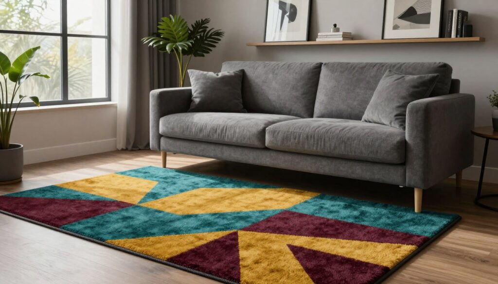 A stylish, modern living room featuring a chic gray sofa as the focal point, with a vibrant area rug laid beneath it. The rug showcases a blend of geometric patterns in rich colors like teal, mustard yellow, and deep burgundy, which contrast beautifully with the muted gray of the sofa. In the background, a large window allows soft, natural light to filter in, casting gentle shadows and creating a warm atmosphere. Decorative plants add a touch of greenery, while minimalist shelves display curated art pieces and books. The scene is captured with a wide-angle lens to emphasize the spaciousness and elegant arrangement, conveying a cozy yet sophisticated mood perfect for a contemporary home. The overall ambiance invites viewers to envision how the right rug can enhance a gray-themed living space.