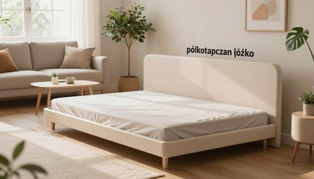 A stylish, modern multifunctional furniture piece, specifically a "półkotapczan łóżko," creatively integrated into a cozy living room. In the foreground, the bed is neatly folded up into the wall unit, showcasing a sleek, minimalist design with soft pastel colors. In the middle, the living area features a comfortable sofa, a small coffee table, and decorative houseplants giving a sense of warmth and homeliness. In the background, large windows allow natural light to flood the space, enhancing the room's airy atmosphere. The scene is captured with a warm, inviting lens effect, portraying an ideal balance between functionality and aesthetics, making the most of limited space while ensuring privacy and comfort. The mood is serene and thoughtfully organized.