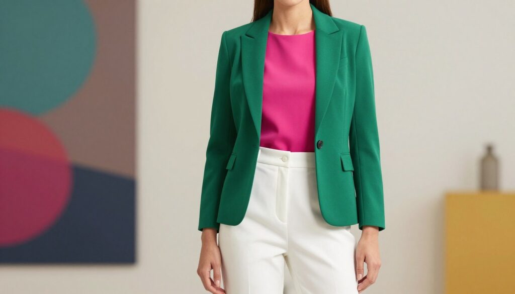 A stylish outfit featuring a bold fuchsia dress paired with complementary color-blocking elements. In the foreground, a model wears the fashionable fuchsia dress, accentuated with a tailored blazer in a rich emerald green and tailored trousers in a crisp white. The model is posed gracefully, exuding confidence while maintaining a professional look. The background is softly blurred to highlight the outfit, with hints of abstract colorful shapes in muted tones to represent the concept of color blocking. The lighting is bright and even, creating a fresh and vibrant atmosphere, with a slight soft focus effect to enhance the mood of modern fashion. The scene captures a sense of contemporary elegance, reflecting bold color combinations.