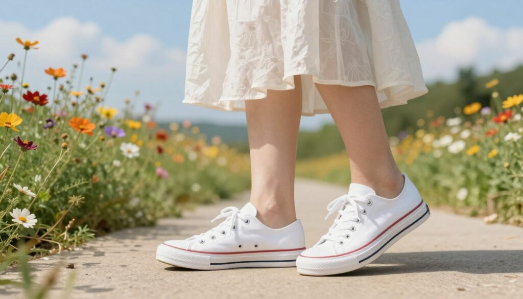 A stylish pair of white canvas sneakers paired with a light, flowing summer dress, showcasing a blend of casual and chic. The foreground features an elegant woman standing on a sunlit pathway, emphasizing the sneaker-dress combination. In the middle ground, colorful wildflowers and softly blurred greenery create a vibrant, lively atmosphere, highlighting the playful essence of summer fashion. The background shows a bright blue sky with gentle clouds, enhancing the uplifting mood. Soft, natural lighting bathes the scene to evoke a sense of warmth and comfort. Capture the angle at eye level, focusing on the details of the shoes and the dress, suggesting versatility and comfort in style choices. A stylish pair of white canvas sneakers paired with a light, flowing summer dress, showcasing a blend of casual and chic. The foreground features an elegant woman standing on a sunlit pathway, emphasizing the sneaker-dress combination. In the middle ground, colorful wildflowers and softly blurred greenery create a vibrant, lively atmosphere, highlighting the playful essence of summer fashion. The background shows a bright blue sky with gentle clouds, enhancing the uplifting mood. Soft, natural lighting bathes the scene to evoke a sense of warmth and comfort. Capture the angle at eye level, focusing on the details of the shoes and the dress, suggesting versatility and comfort in style choices.