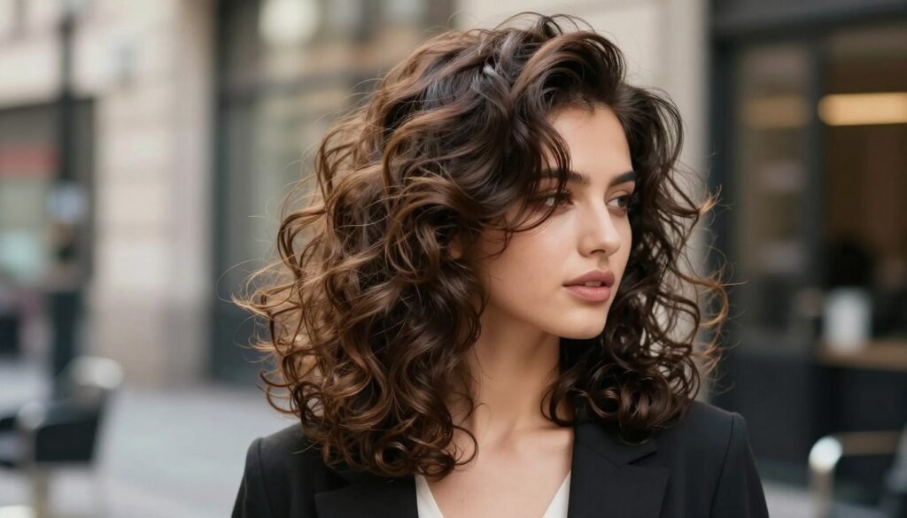 A stylish woman showcasing a blowout hairstyle, with voluminous, lightly lifted hair cascading elegantly over her shoulders. She is posed against a softly blurred urban background, reflecting a chic salon environment. The lighting is bright and soft, illuminating her hair's shine and texture, emphasizing the bouncy curls and smooth finish. The camera angle captures her from a slight side profile, enhancing the movement in her hair while keeping her facial expression confident and approachable. She is dressed in a fashionable yet professional outfit, suitable for various occasions. The overall mood is vibrant and lively, showcasing the beauty and versatility of the blowout hairstyle.