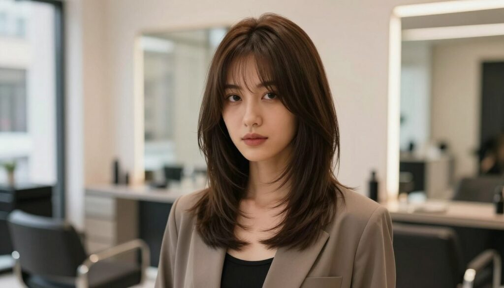 A stylish woman with a contemporary marquise layered haircut stands confidently in the foreground, showcasing the sleek and harmonious layers that frame her face. Her hair shines under soft, diffused lighting that highlights the texture and flow of the layers. She is dressed in a chic, modest business outfit, exuding professionalism. In the middle ground, a softly blurred salon environment conveys a sense of trendiness, with modern decor and neutral colors that complement her look. The background features a glowing window with natural light spilling in, creating a warm and inviting atmosphere. The overall mood is contemporary and elegant, emphasizing the sophistication of the marquise haircut. A stylish woman with a contemporary marquise layered haircut stands confidently in the foreground, showcasing the sleek and harmonious layers that frame her face. Her hair shines under soft, diffused lighting that highlights the texture and flow of the layers. She is dressed in a chic, modest business outfit, exuding professionalism. In the middle ground, a softly blurred salon environment conveys a sense of trendiness, with modern decor and neutral colors that complement her look. The background features a glowing window with natural light spilling in, creating a warm and inviting atmosphere. The overall mood is contemporary and elegant, emphasizing the sophistication of the marquise haircut.