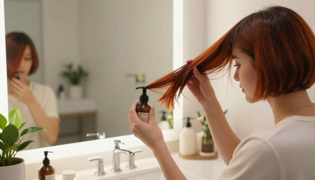 A stylish woman with a modern mushroom haircut stands at a well-lit vanity, showcasing her vibrant, short hair. The foreground features her applying a nourishing hair product, highlighting self-care practices for short hairstyles. In the middle, the vanity reflects warm, soft lighting, enhancing the rich texture of her hair. The background is slightly blurred, revealing stylish bathroom decor with potted plants and elegant mirrors, creating a serene atmosphere. The image conveys a sense of confidence and sophistication, emphasizing the beauty in short hair maintenance. Capture this moment at a 45-degree angle, focusing on her hair and expression, while ensuring a clean, professional setting without distractions or text overlays. A stylish woman with a modern mushroom haircut stands at a well-lit vanity, showcasing her vibrant, short hair. The foreground features her applying a nourishing hair product, highlighting self-care practices for short hairstyles. In the middle, the vanity reflects warm, soft lighting, enhancing the rich texture of her hair. The background is slightly blurred, revealing stylish bathroom decor with potted plants and elegant mirrors, creating a serene atmosphere. The image conveys a sense of confidence and sophistication, emphasizing the beauty in short hair maintenance. Capture this moment at a 45-degree angle, focusing on her hair and expression, while ensuring a clean, professional setting without distractions or text overlays.