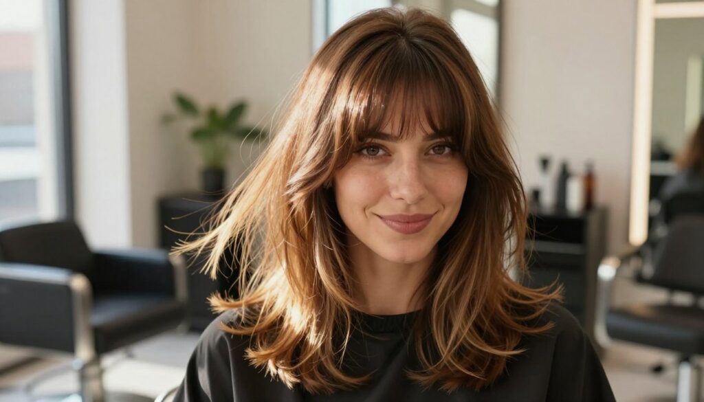A stylish woman with medium-length hair featuring a layered cut and curtain bangs is the focal point of the image. Her hair has a mix of warm caramel and golden highlights that catch the soft, natural sunlight cascading through a nearby window. She is seated in a modern, cozy salon environment with elegant decor in the background. The foreground highlights her hair's texture and movement, while the middle ground showcases her smiling face, exuding confidence and warmth. The background is softly blurred, with hints of salon equipment and plants, creating a relaxing atmosphere. The lighting is bright yet soft, enhancing the elegance of her hairstyle, which is perfect for any occasion. The overall mood is professional and inviting, embodying contemporary beauty trends. A stylish woman with medium-length hair featuring a layered cut and curtain bangs is the focal point of the image. Her hair has a mix of warm caramel and golden highlights that catch the soft, natural sunlight cascading through a nearby window. She is seated in a modern, cozy salon environment with elegant decor in the background. The foreground highlights her hair's texture and movement, while the middle ground showcases her smiling face, exuding confidence and warmth. The background is softly blurred, with hints of salon equipment and plants, creating a relaxing atmosphere. The lighting is bright yet soft, enhancing the elegance of her hairstyle, which is perfect for any occasion. The overall mood is professional and inviting, embodying contemporary beauty trends.