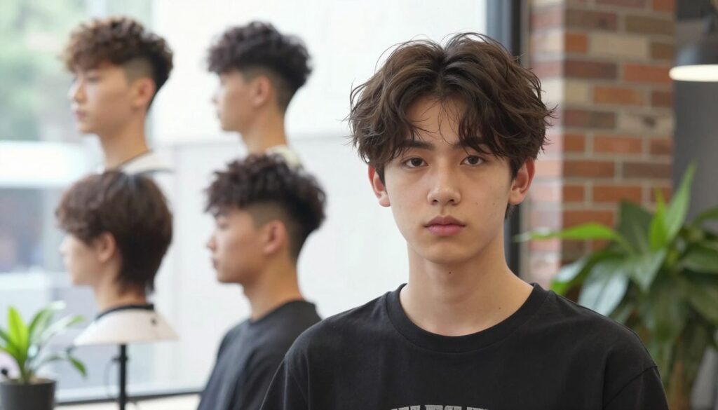 A stylish young male teenager with longer hair, showcasing modern interpretations of classic hairstyles. The foreground features him standing confidently, with slightly tousled hair styled into a sleek, contemporary quiff. In the middle ground, there are subtle variations of classic haircuts like the undercut and layered styles, displayed through a soft backdrop of bright natural light coming from a window. The background includes elements of a trendy urban environment, such as a brick wall and greenery, creating a relaxed atmosphere. The mood is vibrant and youthful, conveying a sense of ease and confidence. The image is to be captured with a slight depth of field using a soft focus lens, ensuring the hairstyles are the main focal point without any distractions.