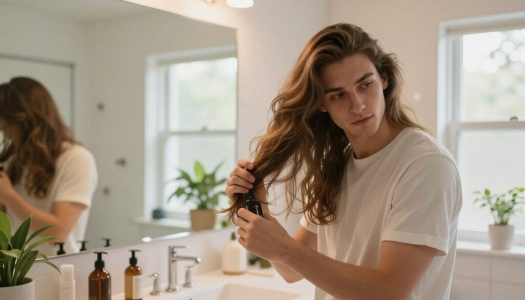A stylish young man with long, healthy hair stands confidently in a bright, airy bathroom. The foreground features him gently working a nourishing hair product through his flowing locks, emphasizing care and attention to grooming. The middle ground showcases elegant mirrors reflecting the natural light that filters in through a window, highlighting the shine and texture of his hair. Soft green plants adorn the countertop, adding a refreshing touch to the scene. The atmosphere is serene and inspiring, conveying a sense of daily self-care and confidence. The lighting is warm and inviting, creating an intimate ambiance perfect for a grooming routine. The angle captures both his focused expression and the beautiful length of his hair, illustrating the importance of healthy, stylish long locks. A stylish young man with long, healthy hair stands confidently in a bright, airy bathroom. The foreground features him gently working a nourishing hair product through his flowing locks, emphasizing care and attention to grooming. The middle ground showcases elegant mirrors reflecting the natural light that filters in through a window, highlighting the shine and texture of his hair. Soft green plants adorn the countertop, adding a refreshing touch to the scene. The atmosphere is serene and inspiring, conveying a sense of daily self-care and confidence. The lighting is warm and inviting, creating an intimate ambiance perfect for a grooming routine. The angle captures both his focused expression and the beautiful length of his hair, illustrating the importance of healthy, stylish long locks.