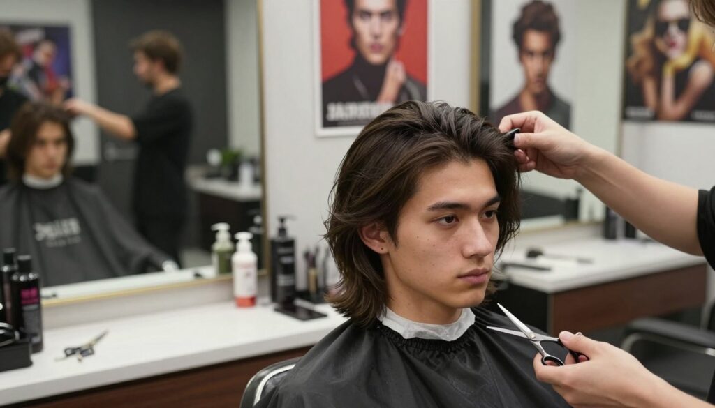 A stylish young man with medium-length hair, demonstrating techniques for growing out his hair. He is seated in a modern barbershop environment, with scissors and hair products on a countertop beside him. The foreground features the man’s focused expressions and well-groomed appearance, showcasing healthy hair texture. In the middle, elements like a mirror reflecting the barbershop’s vibrant atmosphere and walls adorned with hairstyle posters suggest a fashionable mood. The background includes soft studio lighting, creating a warm and inviting ambiance. The image should convey a sense of confidence and professionalism, emphasizing the journey of achieving longer hair. The angle is slightly above eye level, allowing for a clear view of the man and his setting. A stylish young man with medium-length hair, demonstrating techniques for growing out his hair. He is seated in a modern barbershop environment, with scissors and hair products on a countertop beside him. The foreground features the man’s focused expressions and well-groomed appearance, showcasing healthy hair texture. In the middle, elements like a mirror reflecting the barbershop’s vibrant atmosphere and walls adorned with hairstyle posters suggest a fashionable mood. The background includes soft studio lighting, creating a warm and inviting ambiance. The image should convey a sense of confidence and professionalism, emphasizing the journey of achieving longer hair. The angle is slightly above eye level, allowing for a clear view of the man and his setting.