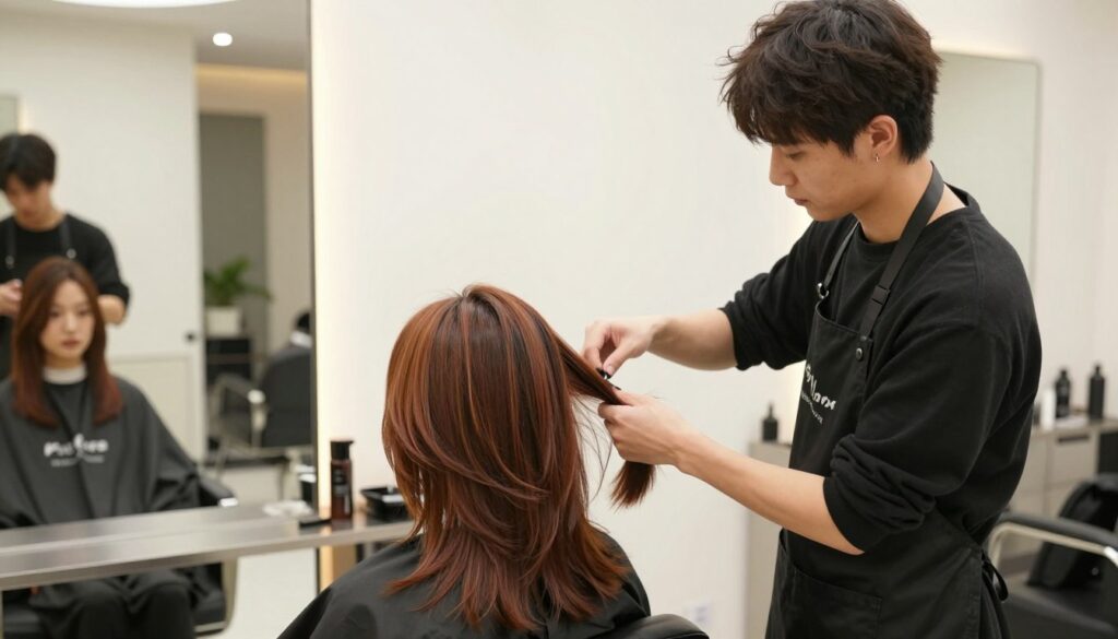 A stylist applies the marquise layers technique to a client's hair in a bright, modern salon setting. In the foreground, a stylist with short, trendy hair, dressed in a professional black apron over casual attire, focuses intently on the hair being cut, showcasing the distinct layers of the marquise style. The middle ground features a client seated in a stylish chair with a mirror reflecting the vibrant color and texture of their layered hair. In the background, warm, soft lighting highlights the clean and contemporary decor of the salon, creating a welcoming atmosphere. The overall mood is one of professionalism and creativity, emphasizing the art of haircutting and the transformation of hair into beautiful marquise layers. A stylist applies the marquise layers technique to a client's hair in a bright, modern salon setting. In the foreground, a stylist with short, trendy hair, dressed in a professional black apron over casual attire, focuses intently on the hair being cut, showcasing the distinct layers of the marquise style. The middle ground features a client seated in a stylish chair with a mirror reflecting the vibrant color and texture of their layered hair. In the background, warm, soft lighting highlights the clean and contemporary decor of the salon, creating a welcoming atmosphere. The overall mood is one of professionalism and creativity, emphasizing the art of haircutting and the transformation of hair into beautiful marquise layers.