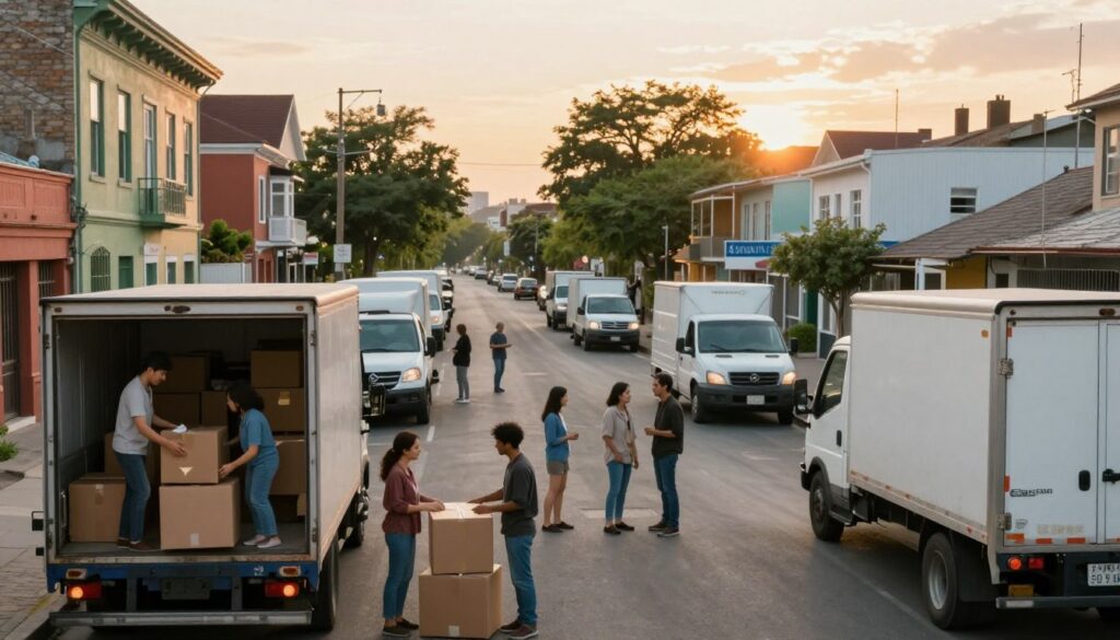 A vibrant cityscape depicting the theme of urban relocation, showcasing a dynamic street scene where moving trucks and people in modest casual clothing are actively packing and unpacking boxes. In the foreground, a family is loading items into a truck, exuding a sense of determination and nostalgia. The middle ground features a diverse group of individuals engaged in conversation, sharing memories of past homes, while colorful buildings and trees line the street, illustrating a blend of old and modern architecture. The background has a fading sunset casting a warm golden light over the scene, enveloping the atmosphere in a reflective mood. Use a slightly elevated angle to capture the bustling activity below and maintain a clear focus on the human element in the urban environment.