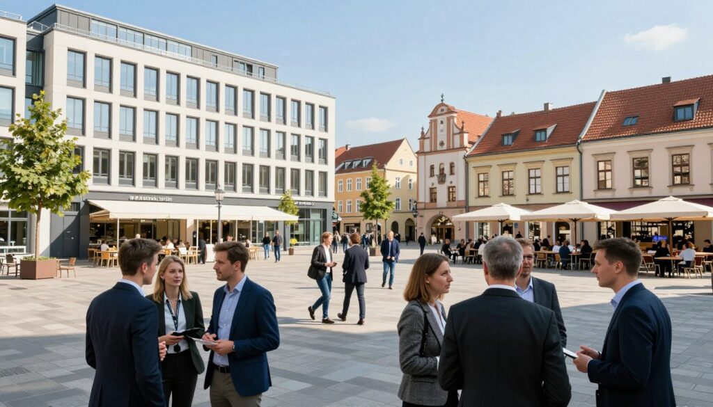 A vibrant, dynamic scene of Włocławek as a hub of business activity, featuring a bustling town square filled with modern office buildings and historic architecture. In the foreground, professional individuals engaged in conversations, dressed in smart business attire, emphasizing collaboration and networking. The middle ground showcases a variety of shops and cafes, with people casually interacting, creating a lively atmosphere. The background highlights iconic landmarks of Włocławek under a clear blue sky, with soft sunlight illuminating the scene, casting gentle shadows. The composition is shot from a slightly elevated angle, providing a comprehensive view of the environment. The mood is energetic and optimistic, reflecting the entrepreneurial spirit of the city as a center for business. A vibrant, dynamic scene of Włocławek as a hub of business activity, featuring a bustling town square filled with modern office buildings and historic architecture. In the foreground, professional individuals engaged in conversations, dressed in smart business attire, emphasizing collaboration and networking. The middle ground showcases a variety of shops and cafes, with people casually interacting, creating a lively atmosphere. The background highlights iconic landmarks of Włocławek under a clear blue sky, with soft sunlight illuminating the scene, casting gentle shadows. The composition is shot from a slightly elevated angle, providing a comprehensive view of the environment. The mood is energetic and optimistic, reflecting the entrepreneurial spirit of the city as a center for business.