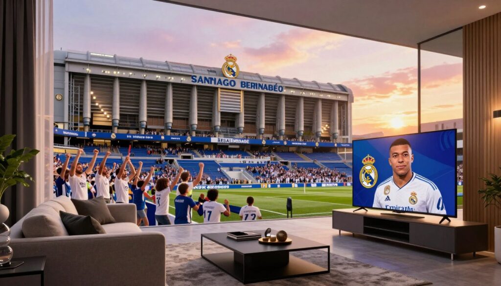 A vibrant image depicting the iconic Santiago Bernabéu Stadium, home of Real Madrid, bathed in the golden glow of sunset. In the foreground, an elegant, modern living room with a stylish sofa and a large flat-screen TV displaying the Real Madrid logo signifies a sports enthusiast’s space. The middle ground features the stadium with fans celebrating, wearing white jerseys, cheering in excitement. The background shows a beautiful sky filled with pastel colors, enhancing the atmosphere of anticipation and celebration. The scene captures a sense of excitement and hope, reflecting the mood of Kylian Mbappé's potential transfer to the prestigious club. The overall look should be dynamic and inspiring, with soft, warm lighting.