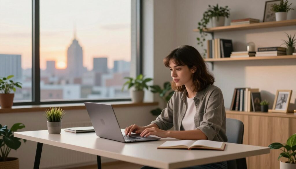 A vibrant, modern workspace reflecting the dynamic nature of internet creators, situated in a stylish home that merges comfort and professionalism. In the foreground, a young woman in smart casual attire is seated at a sleek, minimalist desk with a laptop open, engaged in a video call. Behind her, large windows reveal an urban skyline bathed in the soft glow of a sunset, creating a warm and inviting atmosphere. The middle ground features shelves adorned with books and plants, symbolizing creativity and inspiration. The overall mood is one of productivity and connection, highlighting the balance between home life and the professional environment of digital content creation. The lighting is warm and natural, with a soft focus on the subject to emphasize the foreground. A vibrant, modern workspace reflecting the dynamic nature of internet creators, situated in a stylish home that merges comfort and professionalism. In the foreground, a young woman in smart casual attire is seated at a sleek, minimalist desk with a laptop open, engaged in a video call. Behind her, large windows reveal an urban skyline bathed in the soft glow of a sunset, creating a warm and inviting atmosphere. The middle ground features shelves adorned with books and plants, symbolizing creativity and inspiration. The overall mood is one of productivity and connection, highlighting the balance between home life and the professional environment of digital content creation. The lighting is warm and natural, with a soft focus on the subject to emphasize the foreground.
