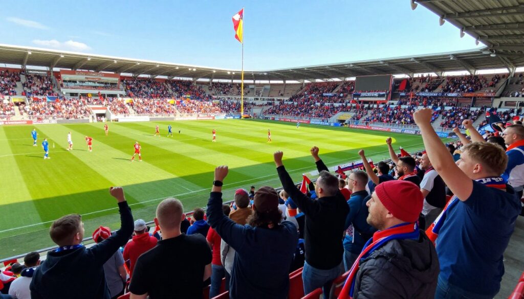 A vibrant scene at the Raków Częstochowa football stadium on a match day, capturing the excitement of fans in the stands, wearing team colors and scarves. In the foreground, a diverse group of passionate supporters cheer enthusiastically, their expressions full of joy and anticipation. The middle ground features the lush green pitch, where players clad in red and blue jerseys are engaged in an intense match. The background showcases the stadium architecture, with towering stands and colorful flags fluttering in the wind, set against a bright blue sky. The image is bathed in warm, natural lighting, creating a lively atmosphere filled with energy and camaraderie. The angle captures the depth of the stadium, emphasizing both the crowd's enthusiasm and the players' dedication to the sport.