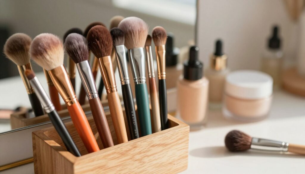 A visually appealing arrangement of makeup brushes displayed in a soft, natural light setting. The foreground features an assortment of vibrant, high-quality makeup brushes with varied textures and shapes, including foundation, blush, and eyeshadow brushes. In the middle ground, there is a stylish wooden brush holder that enhances the elegance of the scene. The background is softly blurred to create a cozy atmosphere, highlighting a vanity mirror adorned with a few delicate skincare products. The natural lighting casts gentle shadows, accentuating the brushes and creating a warm, inviting mood. The angle is slightly elevated, drawing the viewer's eye towards the brushes, emphasizing their vibrance and readiness for use. A visually appealing arrangement of makeup brushes displayed in a soft, natural light setting. The foreground features an assortment of vibrant, high-quality makeup brushes with varied textures and shapes, including foundation, blush, and eyeshadow brushes. In the middle ground, there is a stylish wooden brush holder that enhances the elegance of the scene. The background is softly blurred to create a cozy atmosphere, highlighting a vanity mirror adorned with a few delicate skincare products. The natural lighting casts gentle shadows, accentuating the brushes and creating a warm, inviting mood. The angle is slightly elevated, drawing the viewer's eye towards the brushes, emphasizing their vibrance and readiness for use.