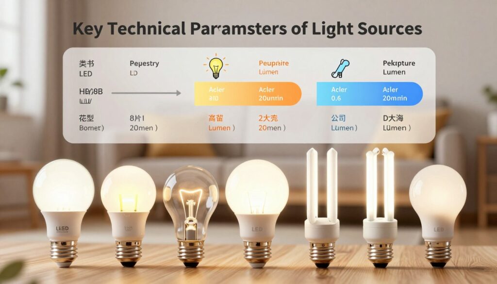 A visually engaging illustration showcasing key technical parameters of light sources, designed for an article section titled "Key Technical Parameters of Light Sources." The foreground features several types of light bulbs, including LED, incandescent, and fluorescent, each labeled with their specifications like wattage, color temperature, and lumen output. In the middle ground, a well-organized chart or graphic layout visually represents the relationship between bulb types and their performance metrics, with elegant icons and color coding. The background is softly blurred, depicting a cozy living room setting with warm lighting to evoke a welcoming atmosphere. Utilize soft, natural lighting to highlight the bulbs, captured with a slight angle to create depth. Focus on clarity and professionalism, ensuring the absence of any text overlays or watermarks. A visually engaging illustration showcasing key technical parameters of light sources, designed for an article section titled "Key Technical Parameters of Light Sources." The foreground features several types of light bulbs, including LED, incandescent, and fluorescent, each labeled with their specifications like wattage, color temperature, and lumen output. In the middle ground, a well-organized chart or graphic layout visually represents the relationship between bulb types and their performance metrics, with elegant icons and color coding. The background is softly blurred, depicting a cozy living room setting with warm lighting to evoke a welcoming atmosphere. Utilize soft, natural lighting to highlight the bulbs, captured with a slight angle to create depth. Focus on clarity and professionalism, ensuring the absence of any text overlays or watermarks.