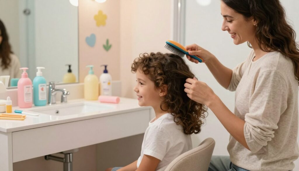 A warm, inviting scene featuring a parent and a young child, around 10 years old, engaged in daily hair care. In the foreground, the child, with curly hair, sits on a comfortable chair, smiling as the parent gently combs and styles their hair. The parent, dressed in casual, modest clothing, uses a child-friendly hairbrush and natural hair products. In the middle ground, a well-organized bathroom vanity is filled with colorful bottles of shampoo, conditioner, and accessories, adding a playful touch. The background shows a softly lit bathroom with pastel-colored walls and cheerful decorations. The overall atmosphere is nurturing and joyful, emphasizing a positive bonding moment while focusing on hair care routines. Soft, natural lighting enhances the warmth of the scene, creating a relaxed and loving ambiance. A warm, inviting scene featuring a parent and a young child, around 10 years old, engaged in daily hair care. In the foreground, the child, with curly hair, sits on a comfortable chair, smiling as the parent gently combs and styles their hair. The parent, dressed in casual, modest clothing, uses a child-friendly hairbrush and natural hair products. In the middle ground, a well-organized bathroom vanity is filled with colorful bottles of shampoo, conditioner, and accessories, adding a playful touch. The background shows a softly lit bathroom with pastel-colored walls and cheerful decorations. The overall atmosphere is nurturing and joyful, emphasizing a positive bonding moment while focusing on hair care routines. Soft, natural lighting enhances the warmth of the scene, creating a relaxed and loving ambiance.