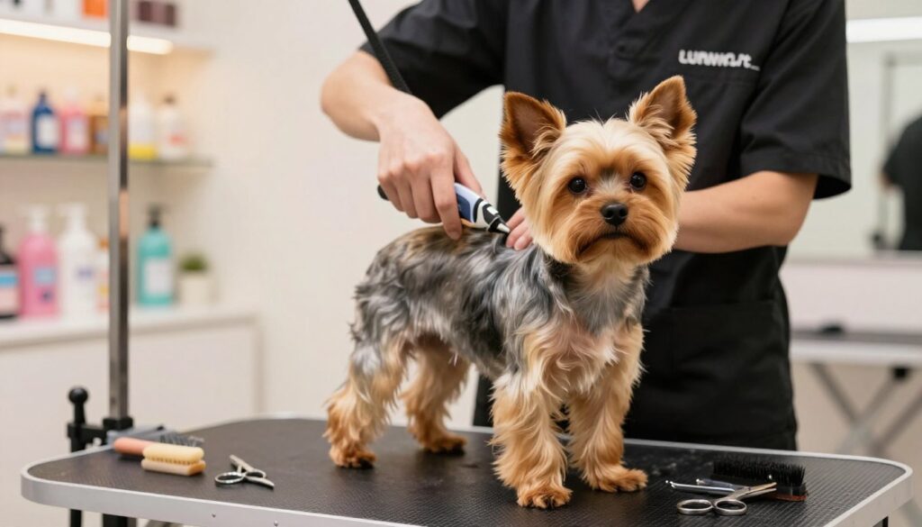 A well-groomed Yorkshire Terrier undergoing a professional grooming session, focusing on the body trimming technique. In the foreground, a groomer, dressed in a smart, professional outfit, is carefully using clippers to style the dog's coat, emphasizing the "teddy bear" appearance. The terrier's expressive eyes and the fluffy texture of its fur create a warm and inviting atmosphere. In the middle ground, the grooming table is adorned with grooming tools like scissors and brushes, hinting at an efficient workspace. The background features a softly lit salon with shelves of dog grooming products. The lighting is bright yet soft, enhancing the poise of the dog and groomer, conveying a sense of care and professionalism during the grooming process. A well-groomed Yorkshire Terrier undergoing a professional grooming session, focusing on the body trimming technique. In the foreground, a groomer, dressed in a smart, professional outfit, is carefully using clippers to style the dog's coat, emphasizing the "teddy bear" appearance. The terrier's expressive eyes and the fluffy texture of its fur create a warm and inviting atmosphere. In the middle ground, the grooming table is adorned with grooming tools like scissors and brushes, hinting at an efficient workspace. The background features a softly lit salon with shelves of dog grooming products. The lighting is bright yet soft, enhancing the poise of the dog and groomer, conveying a sense of care and professionalism during the grooming process.