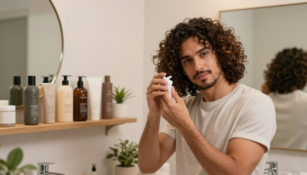 A well-groomed man with naturally curly hair stands confidently in a modern bathroom setting, showcasing his haircare routine. In the foreground, he applies a nourishing cream, with vibrant curls cascading down past his shoulders, glistening under warm, soft lighting. The middle ground features an organized shelf with hair products specifically designed for curly hair, arranged aesthetically. The background shows a large mirror reflecting the serene ambiance of the space, with plants adding a fresh touch. The overall mood is relaxed yet focused, emphasizing self-care and the beauty of maintaining healthy, curly hair. The composition is captured from a slightly elevated angle, highlighting both the individual and the carefully arranged hair products. A well-groomed man with naturally curly hair stands confidently in a modern bathroom setting, showcasing his haircare routine. In the foreground, he applies a nourishing cream, with vibrant curls cascading down past his shoulders, glistening under warm, soft lighting. The middle ground features an organized shelf with hair products specifically designed for curly hair, arranged aesthetically. The background shows a large mirror reflecting the serene ambiance of the space, with plants adding a fresh touch. The overall mood is relaxed yet focused, emphasizing self-care and the beauty of maintaining healthy, curly hair. The composition is captured from a slightly elevated angle, highlighting both the individual and the carefully arranged hair products.
