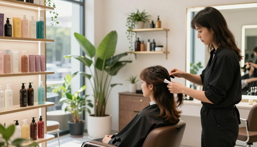 A well-lit salon interior showcasing a range of hair care products on elegant shelves, including shampoos, conditioners, and serums. In the foreground, a professional hairstylist, dressed in smart casual attire, is gently applying a nourishing hair mask to a client’s medium-length hair. The client appears relaxed, seated in a stylish salon chair, surrounded by soft, natural light streaming through large windows. The middle ground reveals a vibrant display of lush plants and modern decor, creating a welcoming atmosphere. In the background, a mirror reflects the serene environment, enhancing the sense of tranquility. The overall mood is soothing and elegant, illustrating the importance of hair care for maintaining healthy strands. A well-lit salon interior showcasing a range of hair care products on elegant shelves, including shampoos, conditioners, and serums. In the foreground, a professional hairstylist, dressed in smart casual attire, is gently applying a nourishing hair mask to a client’s medium-length hair. The client appears relaxed, seated in a stylish salon chair, surrounded by soft, natural light streaming through large windows. The middle ground reveals a vibrant display of lush plants and modern decor, creating a welcoming atmosphere. In the background, a mirror reflects the serene environment, enhancing the sense of tranquility. The overall mood is soothing and elegant, illustrating the importance of hair care for maintaining healthy strands.