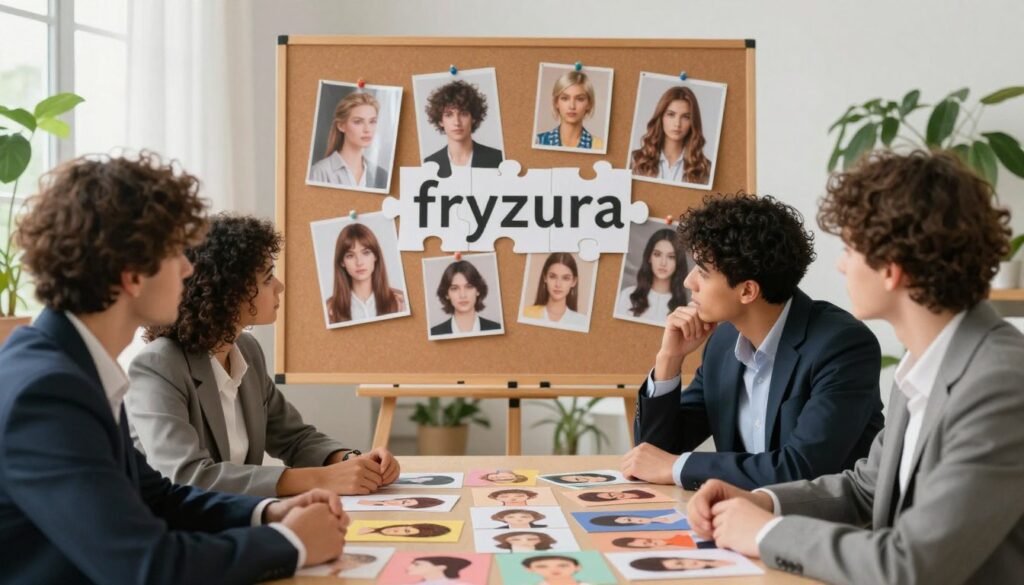 A whimsical yet contemplative scene depicting the concept of "fryzura" as a puzzle. In the foreground, a diverse group of three people, dressed in professional business attire, gather around a table, examining various hairstyles illustrated on colorful cards spread before them. The middle ground features a large corkboard pinned with glossy magazine cutouts of stylish hairdos, contributing to a sense of exploration and curiosity. The background shows a bright and airy room filled with plants and soft, natural light filtering through large windows, creating an inviting atmosphere. The mood is one of camaraderie and intellect, highlighting the challenge of understanding the riddle, while the composition encourages viewers to ponder the complexities of the theme.