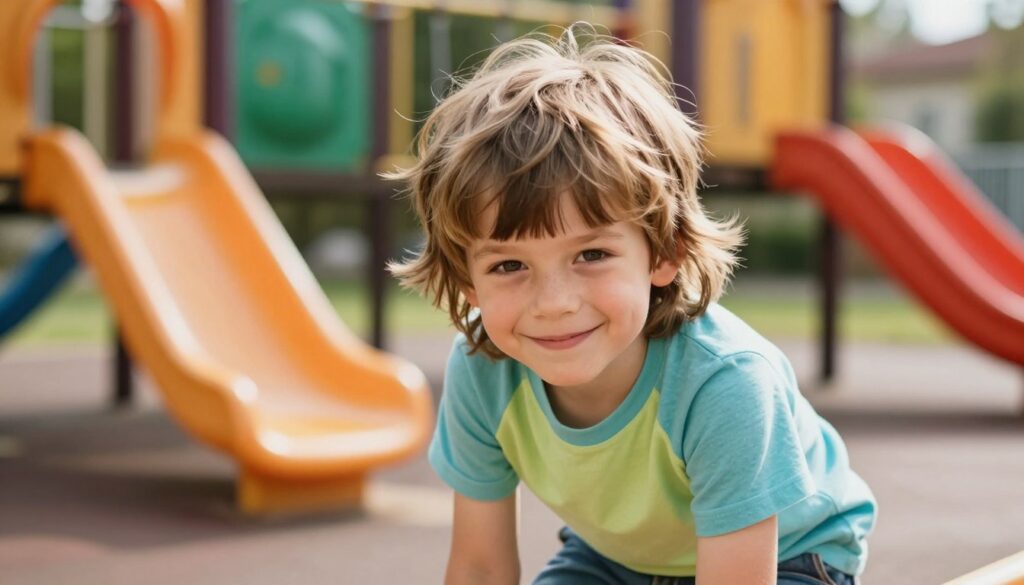 A young boy with longer hair styled in a trendy fringe (grzywka) is the main focus of the image. His hair is slightly tousled, giving a relaxed yet stylish look. The boy is smiling playfully, exuding a cheerful and carefree vibe. In the background, a soft, blurred playground setting adds a sense of fun and adventure, with colorful slides and swings. The lighting is warm and natural, suggesting a sunny afternoon, enhancing the boy's youthful energy. A shallow depth of field keeps the focus on the boy while subtly fading the background. His outfit is casual yet fashionable, perhaps a bright T-shirt and shorts, perfect for a day outdoors. The overall atmosphere is joyful and vibrant, encapsulating a stylish haircut for young boys.