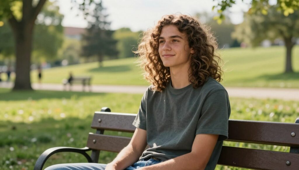 A young male teenager with long, natural curls sits casually on a park bench, embodying a relaxed and carefree vibe. His hair flows freely, catching the sunlight, giving it a healthy shine. He wears a comfortable, stylish t-shirt and jeans, blending effortlessly with the vibrant surroundings of a sunny park filled with greenery. The background reveals gentle hills and trees swaying in a light breeze, enhancing the natural atmosphere. The scene is bathed in soft, warm light, evoking an inviting and easy-going mood. The camera captures the shot from a slight angle level with the teenager, focusing on his joyful expression and the texture of his hair. The composition reflects an essence of youthful freedom and simplicity.