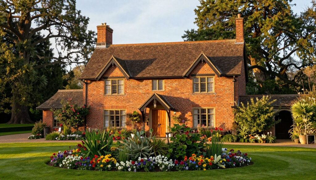 Adelaide Cottage, nestled in the picturesque Windsor Home Park, showcases its charming brick façade and quaint roof among lush greenery. In the foreground, vibrant flowerbeds bloom, adding splashes of color to the scene. The middle layer features the cottage’s inviting entrance, adorned with traditional wooden doors and exquisite window frames. In the background, ancient trees provide a tranquil canopy, complementing the serene, sunlit setting. Golden hour lighting casts a warm glow over the landscape, enhancing the peaceful, regal atmosphere. The perspective is slightly elevated, as if viewed from a gentle slope, capturing the beauty of the cottage and its surrounding nature. This idyllic scene evokes a sense of royal heritage and tranquility, perfectly illustrating the evolution of royal residences.
