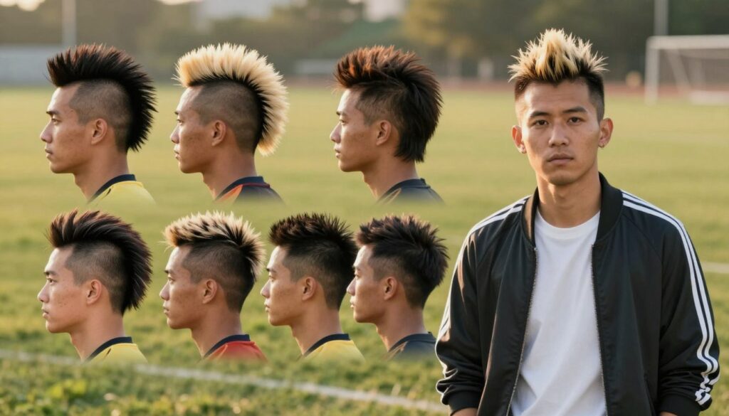 An artistic representation of a male soccer player showcasing iconic hairstyles, transitioning from a dramatic mohawk to stylish blonde highlights. In the foreground, the player stands confidently, wearing a casual yet fashionable outfit, emphasizing his vibrant personality. The middle ground features an array of hairstyles, including the mohawk and blonde streaked locks, symbolizing his evolution in style. The background is a soft-focus outdoor soccer field, bathed in warm golden hour lighting, creating an energetic and dynamic atmosphere. The image captures the essence of sportsmanship and individual expression, depicting the various stages of the player’s hair transformations with clarity and depth. The lens angle should give a slightly elevated perspective to highlight the hairstyles effectively, ensuring a professional yet engaging visual experience.