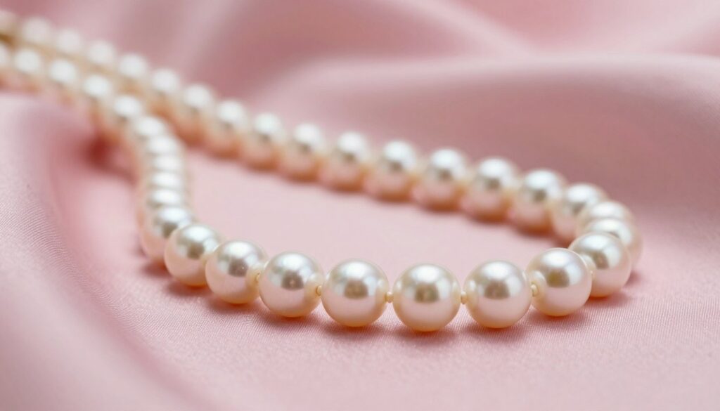 An elegant composition of lustrous pearls delicately arranged on a soft, powder pink fabric background. In the foreground, a close-up shot of the pearls, showcasing their smooth, shiny surfaces and intricate reflections of light, creating a sense of luxury and sophistication. The middle ground features the pearls blending harmoniously with the gentle draping of the pink fabric, enhancing their classic appeal. The background is subtly blurred, suggesting an intimate setting with soft, warm lighting that casts a gentle glow on the pearls. The overall mood is serene and refined, evoking timeless elegance and the perfect accessory for a pink dress.
